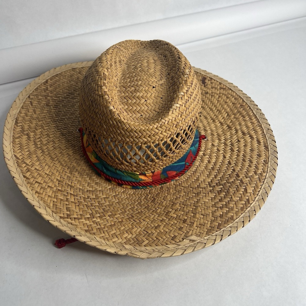 Vtg Summer Club Straw Sun Hat M Australia Floral Beach Golf Chin Strap